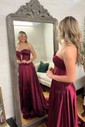 A-line Strapless Satin Cut Out Prom Dresses With Ruched