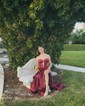 A-line Strapless Satin Cut Out Prom Dresses With Ruched
