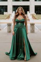 A-line Strapless Satin Cut Out Prom Dresses With Ruched