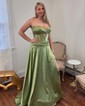 A-line Strapless Satin Cut Out Prom Dresses With Ruched