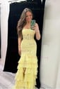 Mermaid Strapless Chiffon Tiered Prom Dresses With Appliques