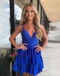 Sparkly A-line V-neck Satin Tiered Beaded Homecoming Dresses