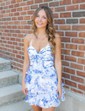 White Blue Floral Strapless A-line Ruffle Tiered Homecoming Dresses