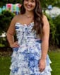 White Blue Floral Strapless A-line Ruffle Tiered Homecoming Dresses