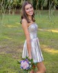 Unique Skater Metallic Pleated Cut Out Homecoming Dresses