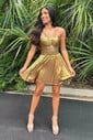 Unique Skater Metallic Pleated Cut Out Homecoming Dresses
