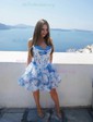 White Blue Floral A-line Strapless Ruffle Tiered Homecoming Dresses