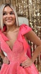 Sparkly A-line V-neck Satin Ruffle Beaded Homecoming Dresses