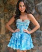 Blue Floral Print Corset A-line Strapless Tiered Ruffle Homecoming Dresses