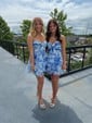 White Blue Floral A-line Strapless Ruffle Tiered Homecoming Dresses