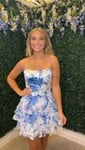White Blue Floral Straight A-line Ruffle Tiered Homecoming Dresses