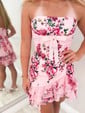 Pink Red Floral Strapless Ruffle Homecoming Dresses