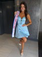 Cute A-line Strapless Satin Beaded Homecoming Dresses