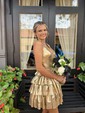 Unique Halter Skater Metallic Ruffle Tiered Homecoming Dresses