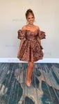 Off-the-shoulder Cheetah Print Satin Homecoming Dresses