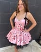 Pink Floral Corset Ball Gown V-neck Satin Homecoming Dresses