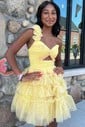Unique Skater Tulle One Shoulder Cut Out Homecoming Dresses