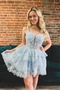 Trendy V-neck Glitter Lace Skater Tiered Homecoming Dresses