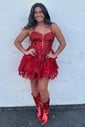 Trendy V-neck Glitter Lace Skater Tiered Homecoming Dresses