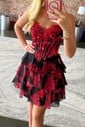 Red Black Floral Corset A-line Strapless Ruffle Tiered Homecoming Dresses