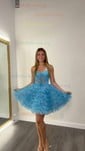 Blue Floral Print Cut Out Strapless Tiered Ruffle Homecoming Dresses