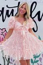 Pink Short Sleeve Glitter Lace Homecoming Dresses