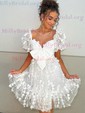 Pink Short Sleeve Glitter Lace Homecoming Dresses