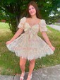 Pink Short Sleeve Glitter Lace Homecoming Dresses