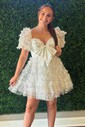 Pink Short Sleeve Glitter Lace Homecoming Dresses