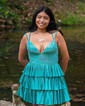 Sparkly A-line V-neck Satin Tiered Beaded Homecoming Dresses