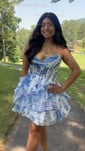 White Blue Floral A-line Strapless Ruffle Tiered Homecoming Dresses
