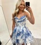 White Blue Floral A-line Strapless Ruffle Tiered Homecoming Dresses