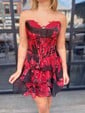 Red Black Floral Corset A-line Strapless Ruffle Tiered Homecoming Dresses