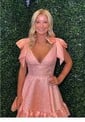 Sparkly A-line V-neck Satin Beaded Ruffle Homecoming Dresses