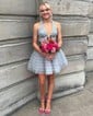 Halter Tulle Skater Homecoming Dresses With Appliques Lace