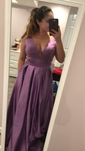 Princess V-neck Satin Sweep Train Pockets Prom Dresses