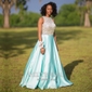 Ball Gown Illusion Satin Cut Out Prom Dresses With Beading