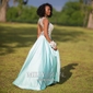 Princess Scoop Neck Satin Floor-length Beading Prom Dresses