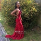 Burgundy Mermaid V-neck Lace Backless Prom Dresses