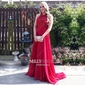 A-line Sweep Train Scoop Neck Chiffon Beading Prom Dresses