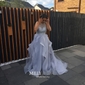 Ball Gown Scoop Neck Tulle Ruffle Tiered Prom Dresses With Beading