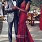 Burgundy Mermaid V-neck Lace Backless Prom Dresses