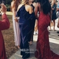Burgundy Mermaid V-neck Lace Backless Prom Dresses