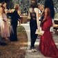 Burgundy Mermaid V-neck Lace Backless Prom Dresses