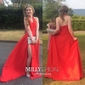 A-line V-neck Silk-like Satin Court Train Split Front Prom Dresses