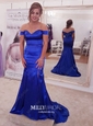 Trumpet/Mermaid Sweep Train Off-the-shoulder Silk-like Satin Split Front Prom Dresses