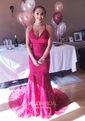Burgundy Mermaid V-neck Lace Backless Prom Dresses