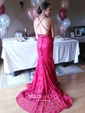 Burgundy Mermaid V-neck Lace Backless Prom Dresses