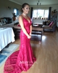 Burgundy Mermaid V-neck Lace Backless Prom Dresses