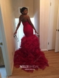 Mermaid Strapless Tulle Ruffle Tiered Prom Dresses With Ruched